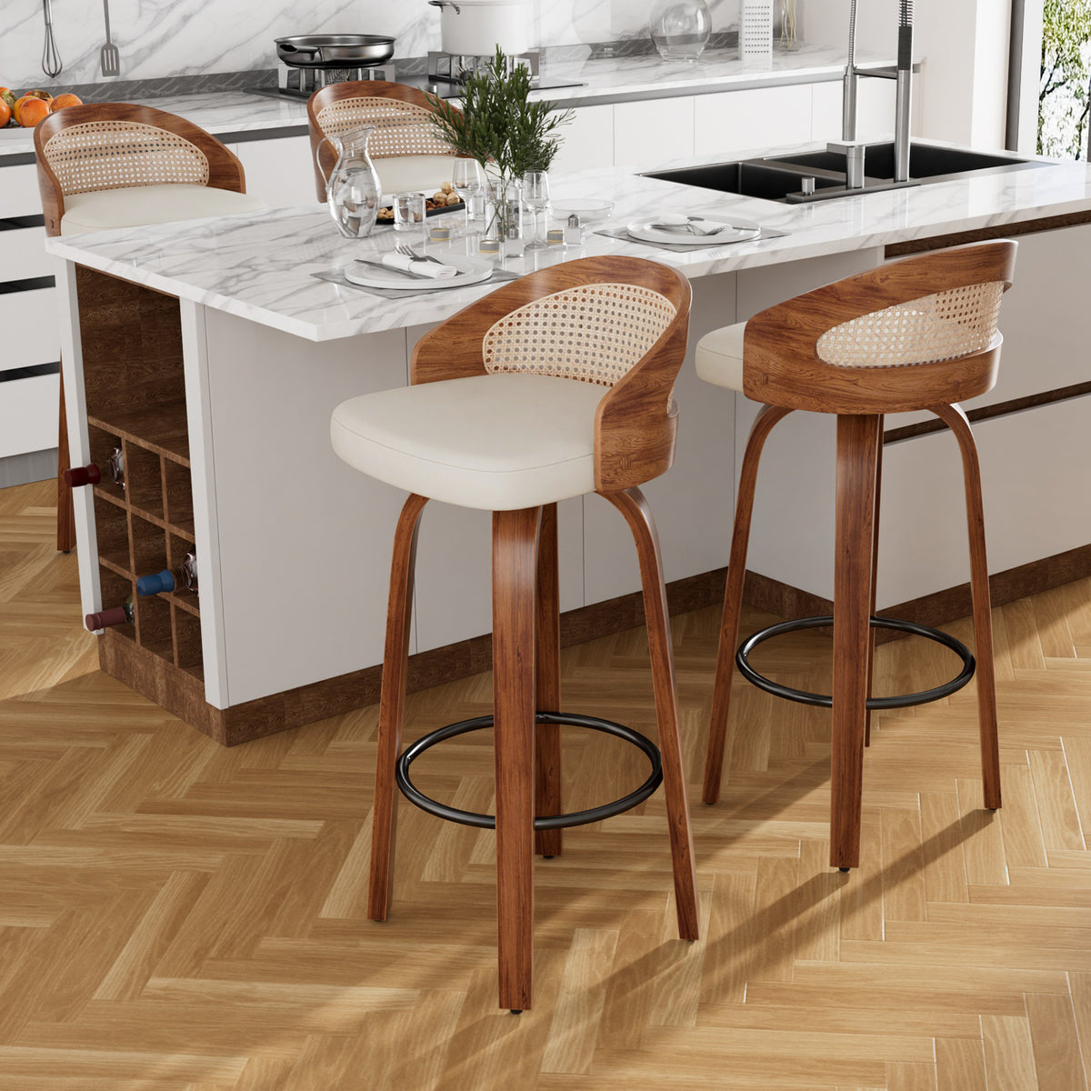 Farini Swivel Bar Stools Set of 2, Upholstered PU Leather Stools with Rattan Back & Footrest, 30" Counter Height for Kitchen Island, Bar, or Dining Room, Beige