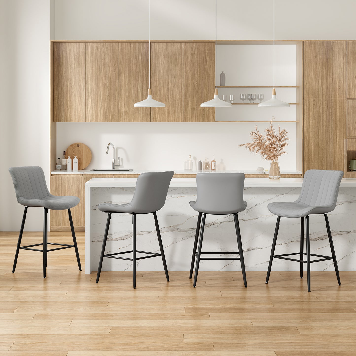 Farini 26" Counter Stools Set of 4, Faux Leather Barstools, Counter Height Chairs for Kitchen Islands & Dining Rooms, Gray