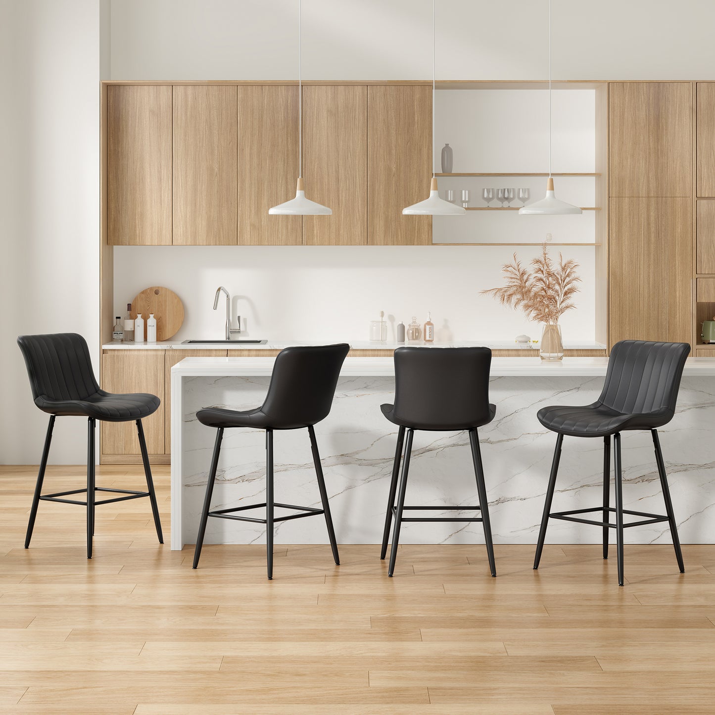Farini 26" Counter Stools Set of 4, Faux Leather Barstools, Counter Height Chairs for Kitchen Islands & Dining Rooms, Black