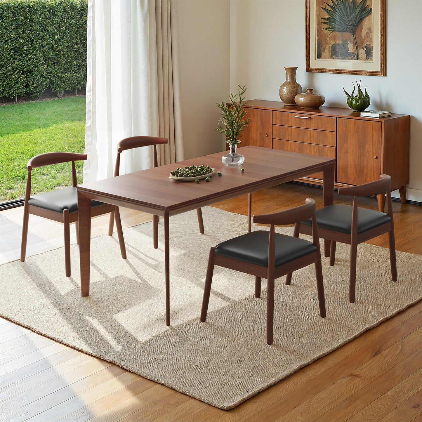 Farini Mid-Century Dining Chairs Set of 2, Solid Wood Frame & PU Leather Upholstered Seats, Walnut-Black