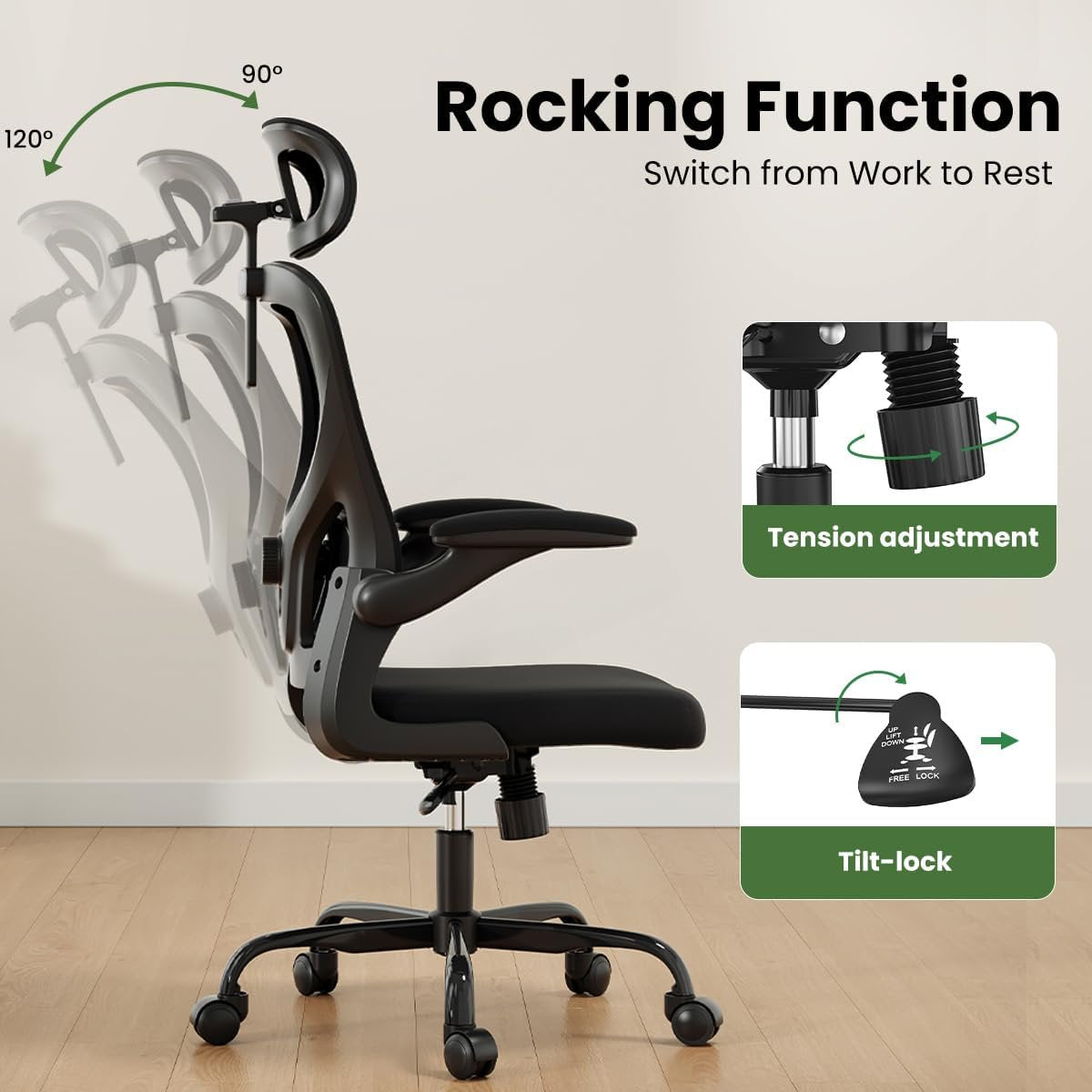 Farini Ergonomic Office Chair,Home Office Desk Chair with Adjustable Lumbar Support and Armrests,Comfy Computer Desk Chair with Headrest,for Home and Office