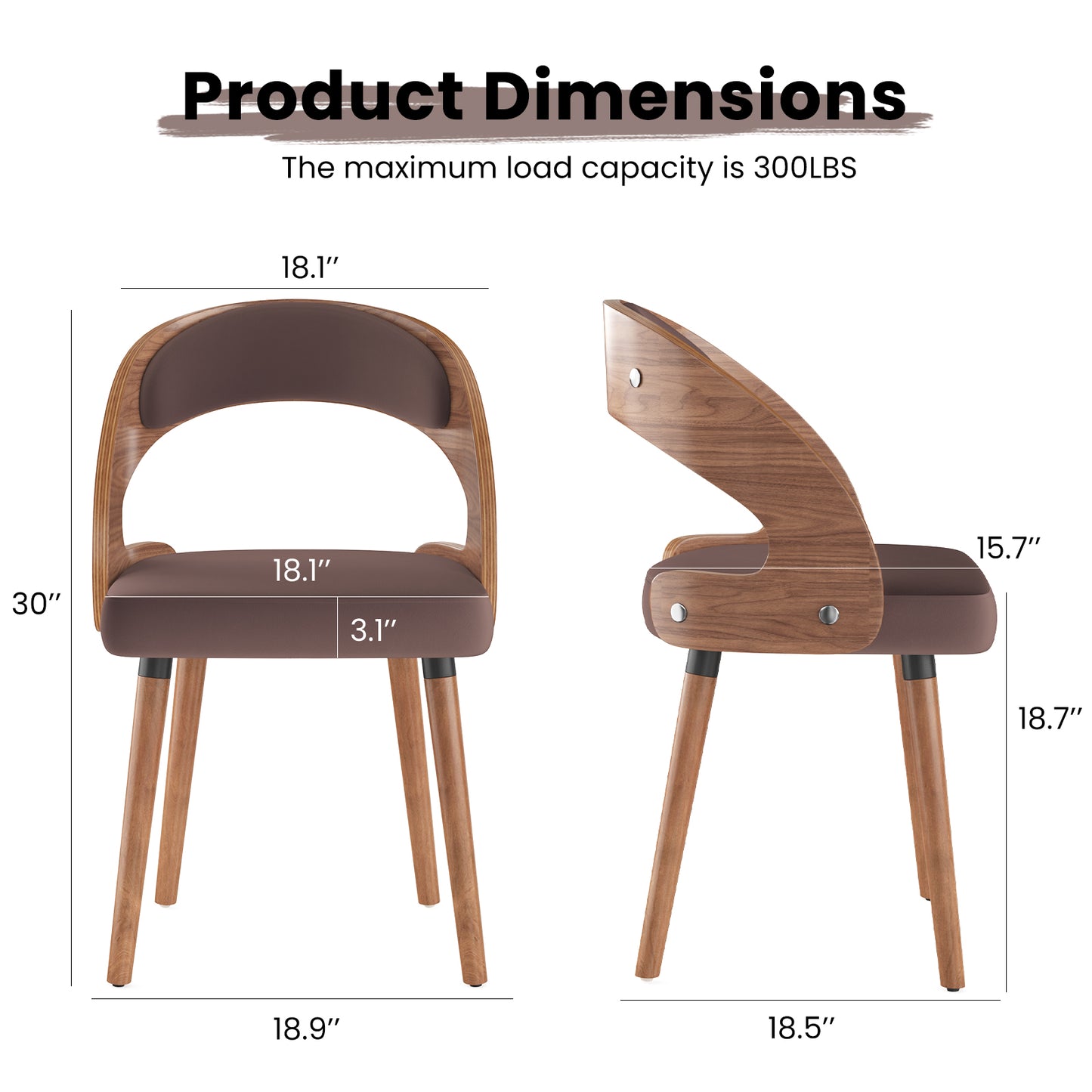 Farini Set of 2 Wood Dining Chairs with Curved Backrest for Kitchen Dining Room, Dark Brown