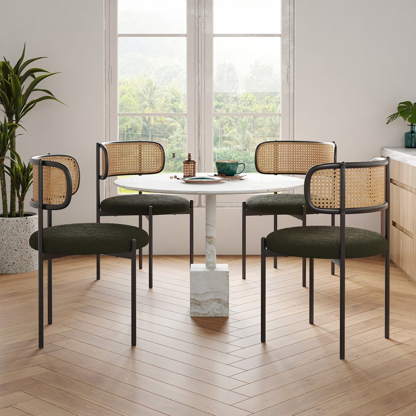 Farini Upholstered Dining Chair Set of 4, Rattan Backrest Kitchen Chair, Green