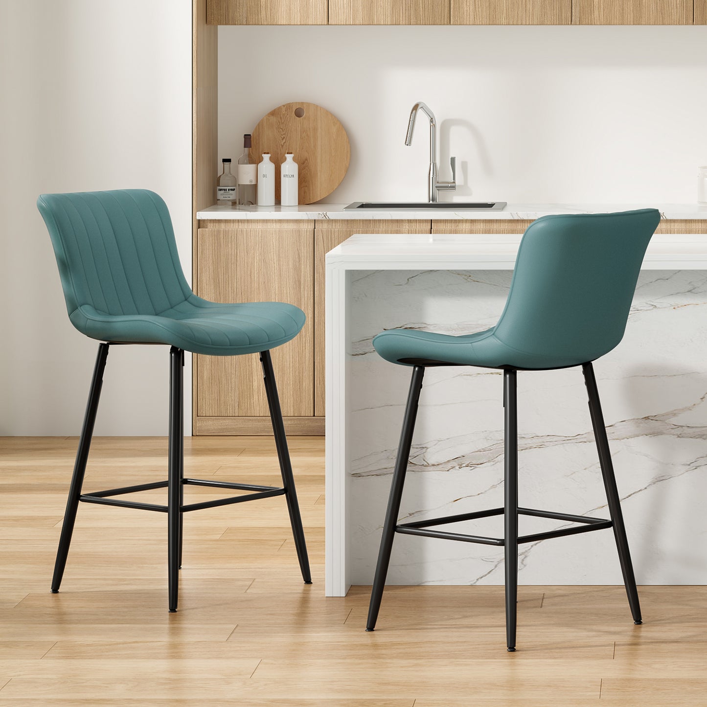 Farini 26" Counter Stools Set of 2, Faux Leather Barstools, Counter Height Chairs for Kitchen Islands & Dining Rooms, Green
