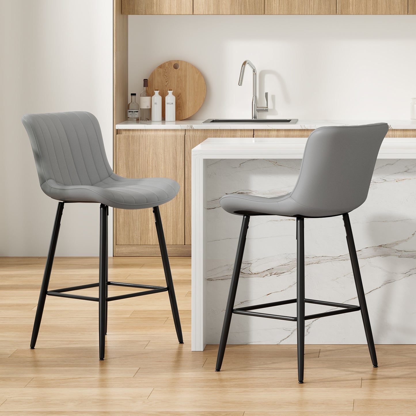 Farini 26" Counter Stools Set of 2, Faux Leather Barstools, Counter Height Chairs for Kitchen Islands & Dining Rooms, Gray