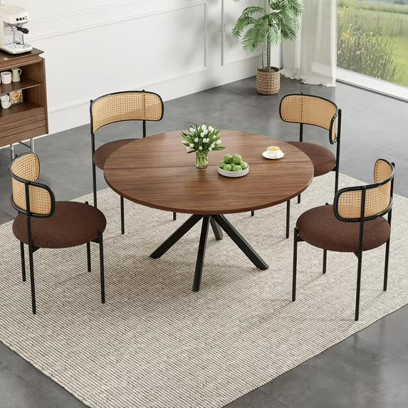 Farini Mid-Century Modern Dining Set, 47" Round Wood Kitchen Table & 4 Upholstered Chairs, Seats 4-6, for Kitchen, Dining Room, Walnut