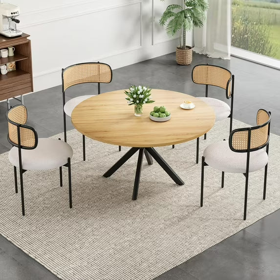 Farini Mid-Century Modern Dining Set, 47" Round Wood Kitchen Table & 4 Upholstered Chairs, Seats 4-6, for Kitchen, Dining Room, Nature