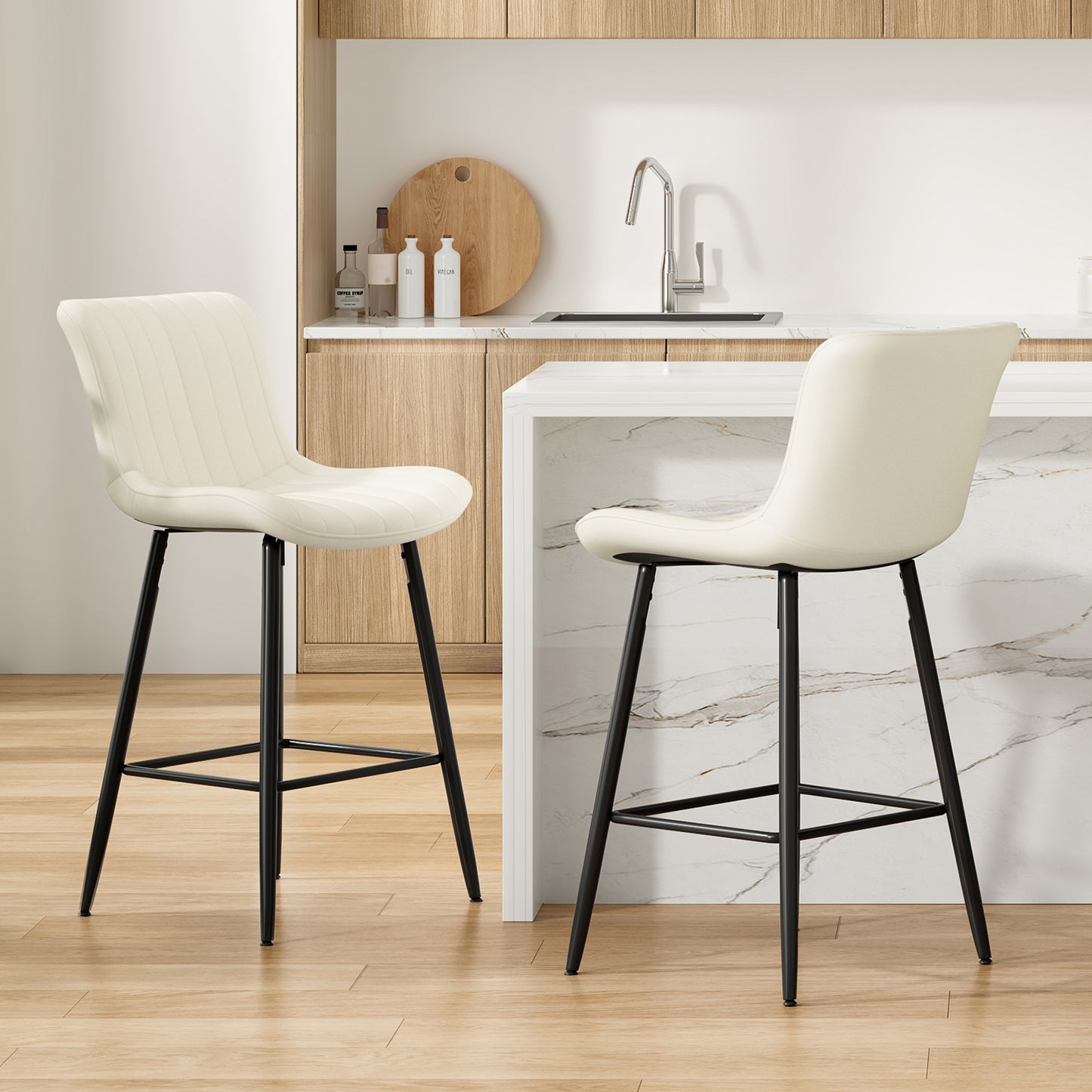 Farini 26" Counter Stools Set of 2, Faux Leather Barstools, Counter Height Chairs for Kitchen Islands & Dining Rooms, Beige