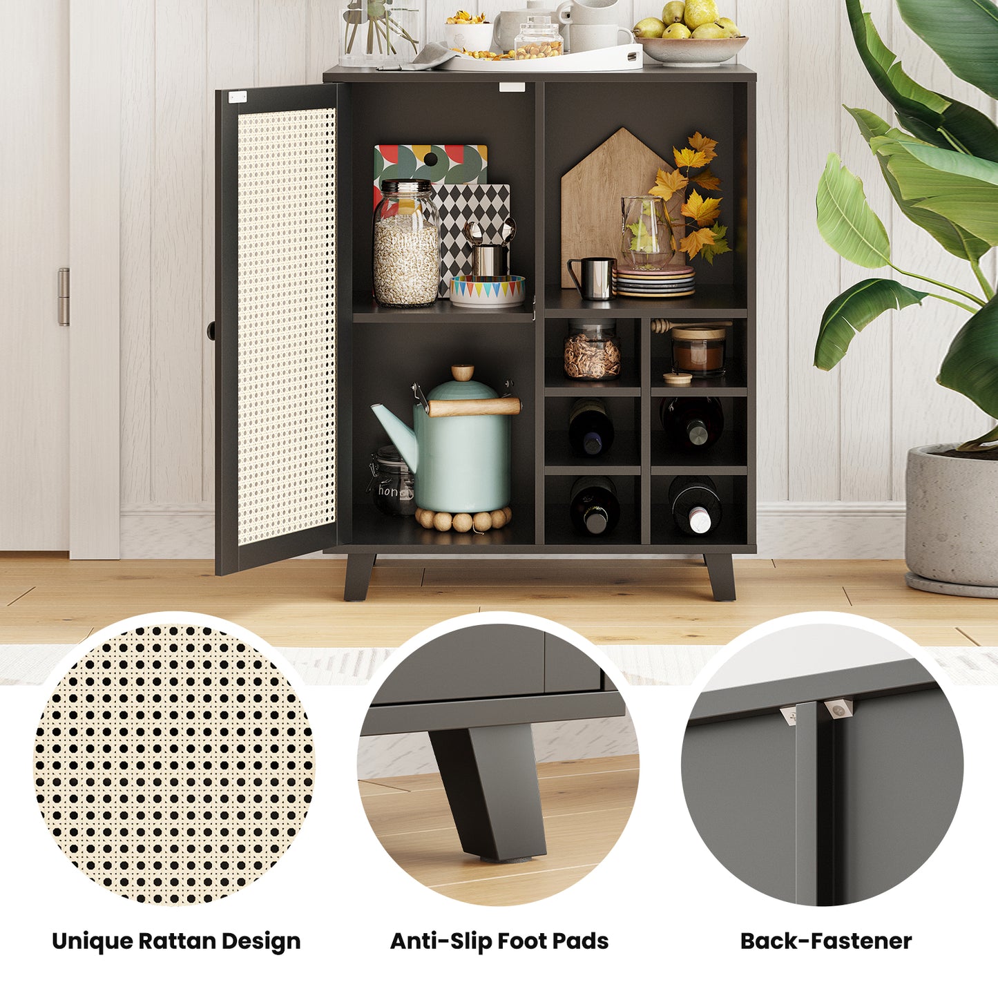 Farini Sideboard Buffet Cabinet, Bar Cabinet with Wine Racks and Adjustable Shelf for Kitchen, Living Room, Home Bar, Black