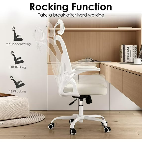 Farini Ergonomic Office Chair, Home Office Desk Chair with Headrest, High Back Computer Chair with Armrests and Adjustable Lumbar Support for Home Office Study Room, White & Beige