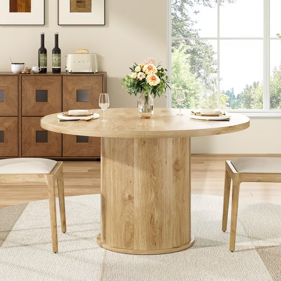 Farini 43" Round Dining Table, Modern Wood Kitchen Table with Metal Base, Seats 4, for Dining Room or Kitchen, Natural