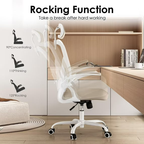 Farini Ergonomic Office Chair, Home Office Desk Chair with Headrest, High Back Computer Chair with Armrests and Adjustable Lumbar Support for Home Office Study Bedroom, White & Khaki