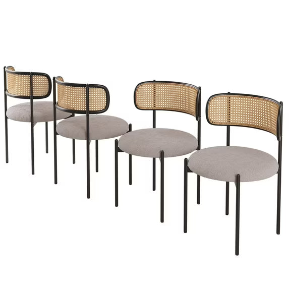 Farini Upholstered Dining Chair Set of 4, Rattan Backrest Kitchen Chair, Light Grey