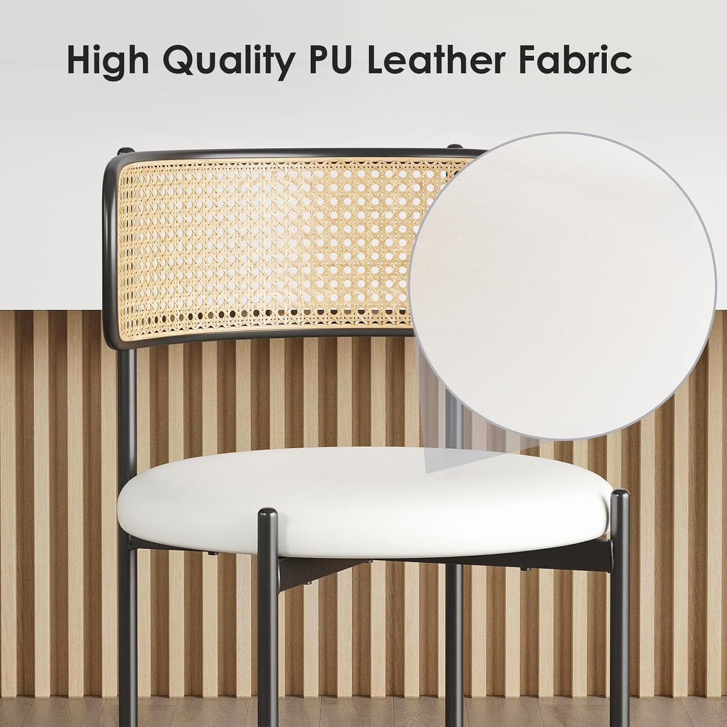 Farini Dining Chairs Set of 2, Upholstered PU Leather & Woven Rattan Side Chairs with Metal Legs for Kitchen, Dining Room, or Cafe, Beige