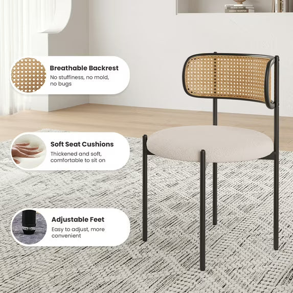 Farini Upholstered Dining Chair Set of 4, Rattan Backrest Kitchen Chair, Beige