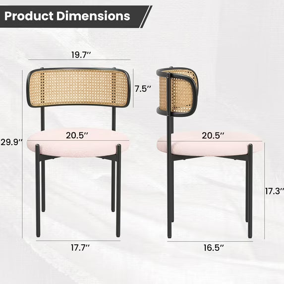 Farini Upholstered Dining Chair Set of 2, Rattan Backrest Kitchen Chair, Pink