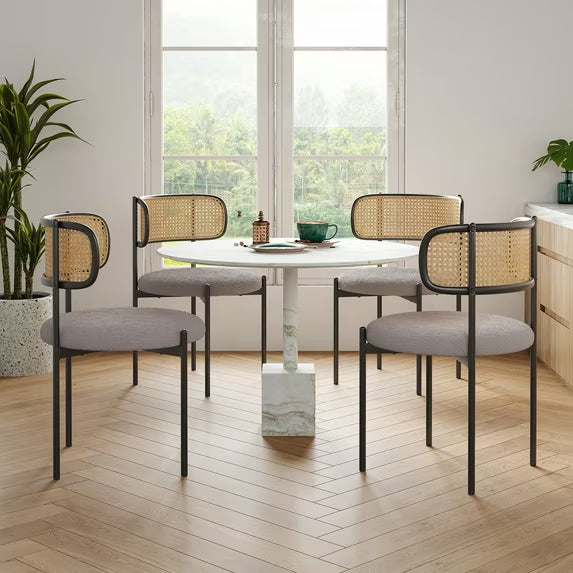 Farini Upholstered Dining Chair Set of 2, Rattan Backrest Kitchen Chair, Light Grey