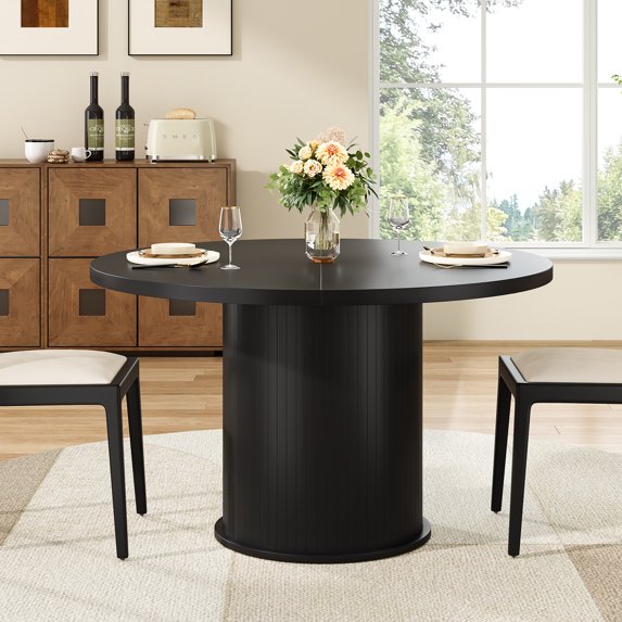 Farini 43" Round Dining Table, Modern Wood Kitchen Table with Metal Base, Seats 4, for Dining Room or Kitchen, Black