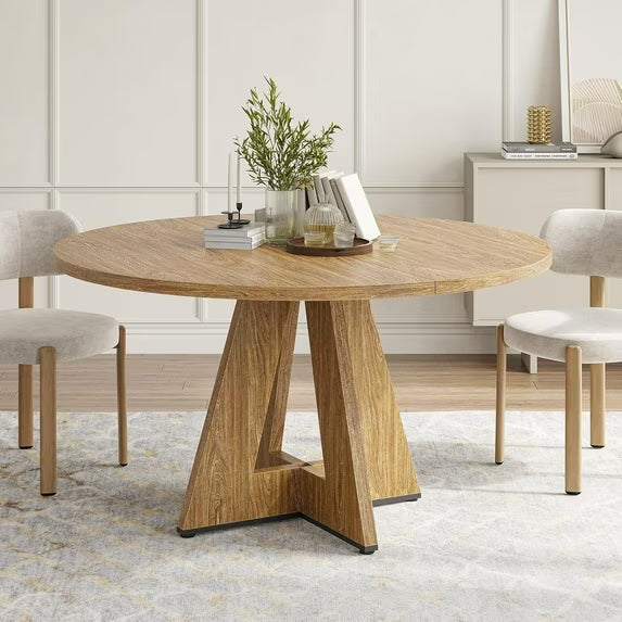 Farini 47" Round Dining Table,Wooden Kitchen Table with Metal Base, Seats 4–7, for Dining Room, Kitchen & Living Room, Walnut