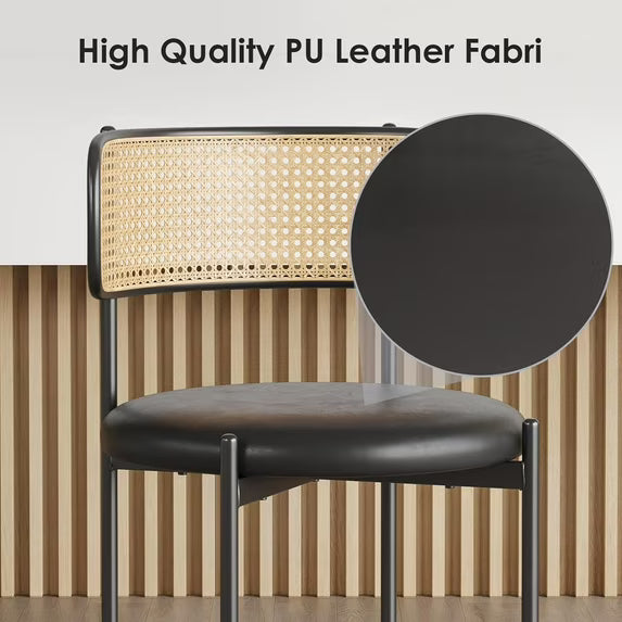 Farini Dining Chairs Set of 4, Upholstered PU Leather & Woven Rattan Side Chairs with Metal Legs for Kitchen, Dining Room, or Cafe, Black