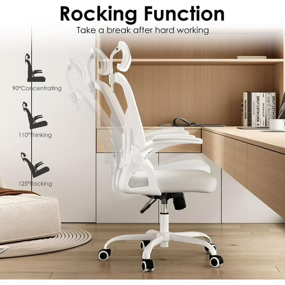 Farini Ergonomic Office Chair, Home Office Desk Chair with Headrest, High Back Computer Chair with Armrests and Adjustable Lumbar Support for Home Office Study Room, White & White