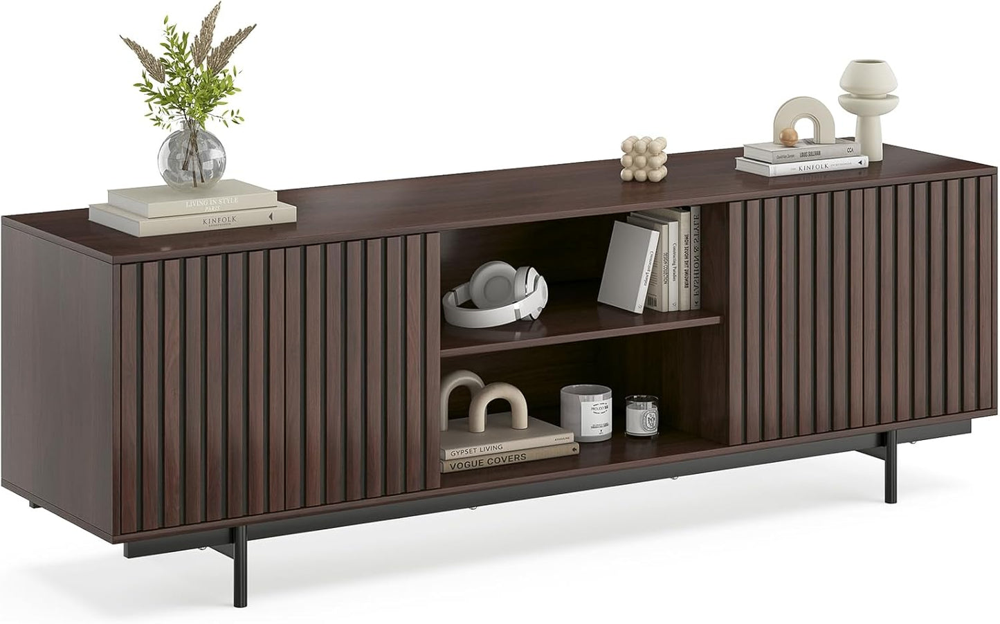 Farini Mid Century Modern TV Stand for TVs Up to 75", Farmhouse Fluted TV Stand, Retro Wood TV Stand with Storage and Shelf, Entertainment Center with Pop-Up Doors for Living Room, Bedroom, Walnut