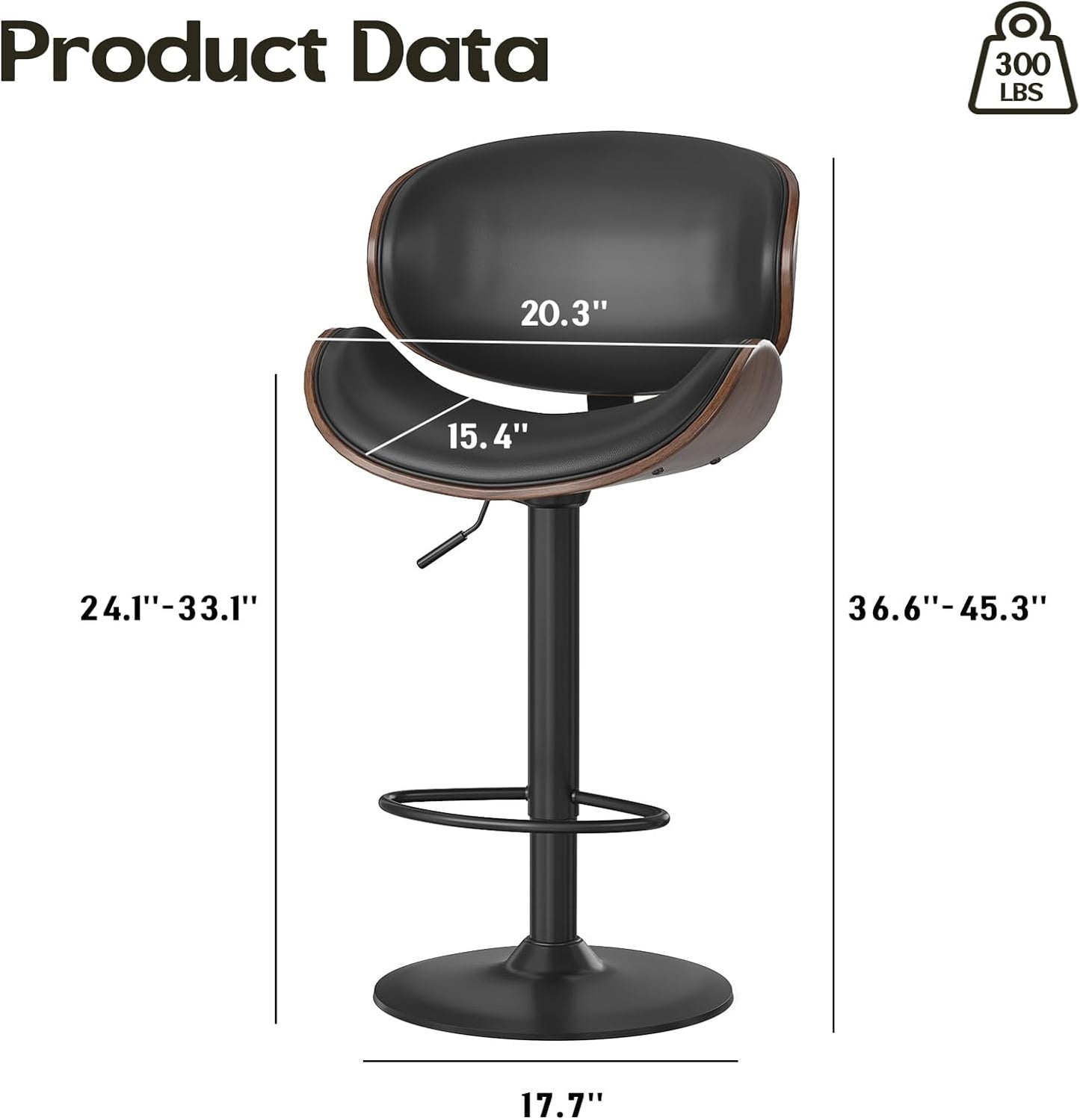 Farini Swivel Bar Stools Set of 4 Adjustable Height Bentwood Barstools with PU Leather Upholstered Seat, Backrest and Footrest,Modern Kitchen Counter Chairs for Bar, Dining Room,Black