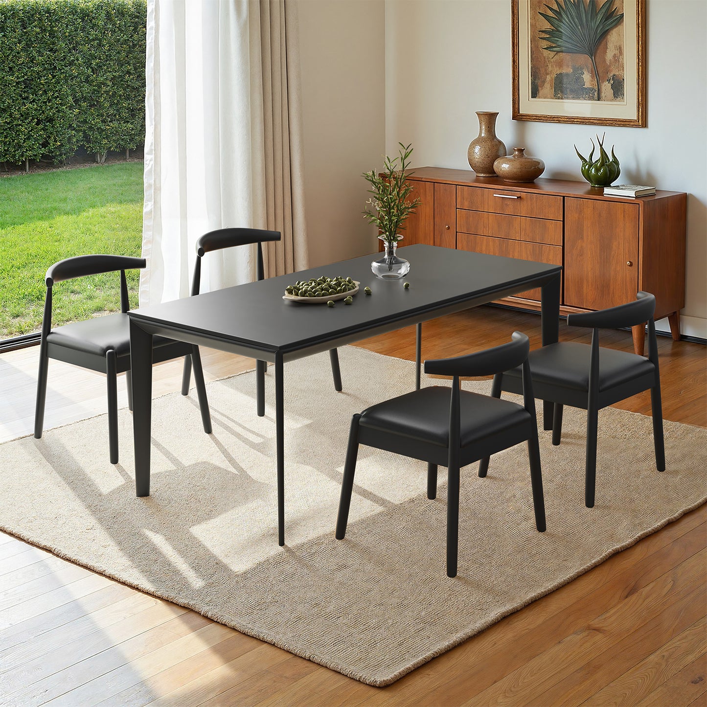 Farini Mid-Century Dining Chairs Set of 2, Solid Wood Frame & PU Leather Upholstered Seats, Black