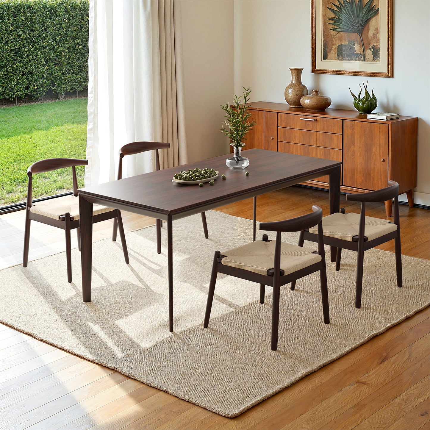 Farini Mid-Century Dining Chairs Set of 2, Solid Wood Frame & Woven Leather Seats, Latte-Beige