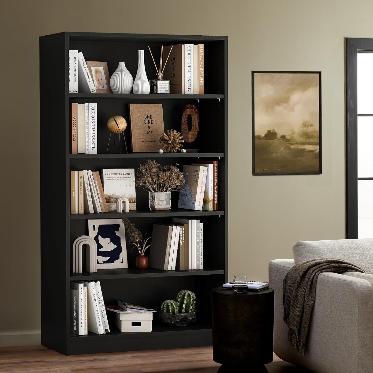 Farini 5 Shelf Bookcase,60 Inch Wood Tall Bookshelves for Living Room
