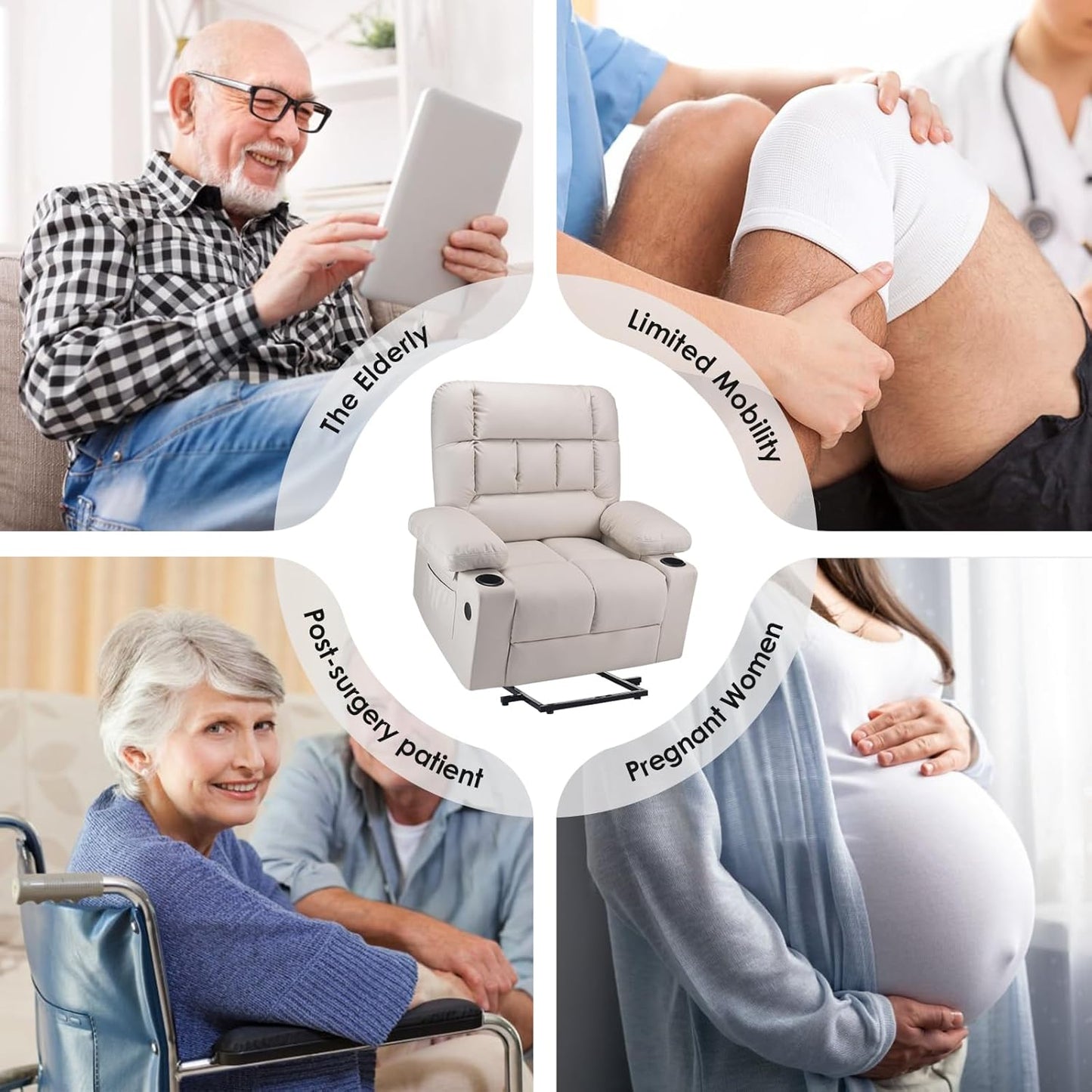 Farini Oversized Power Lift Recliner Chair with Massage and Heat for Elderly Big and Tall, Large Fabric Recliner Wide Electric Recliner Chair with USB Ports, Cup Holders, Side Pockets