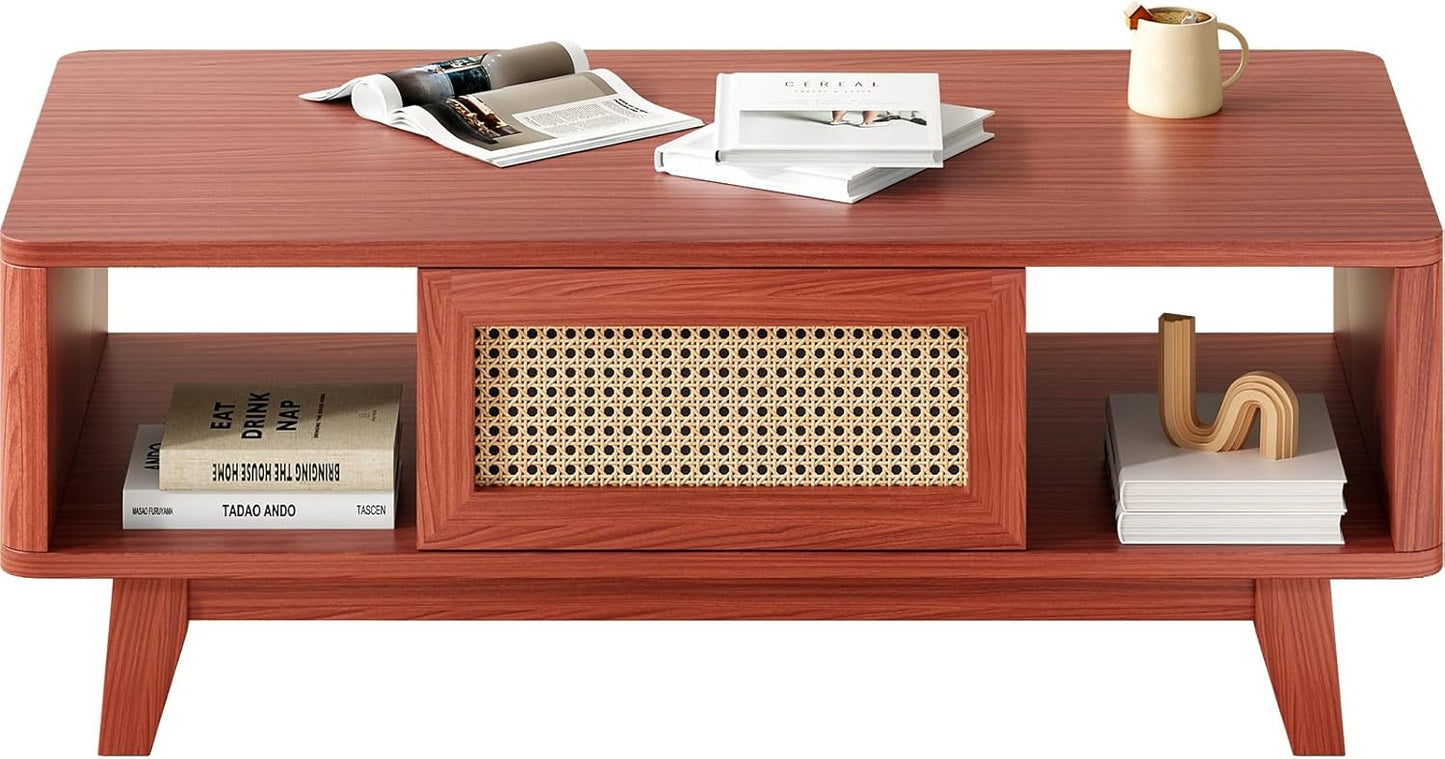 Farini Mid Century Storage, Modern Square Rattan Drawer Wooden, Farmhouse Coffee Table for Living Room