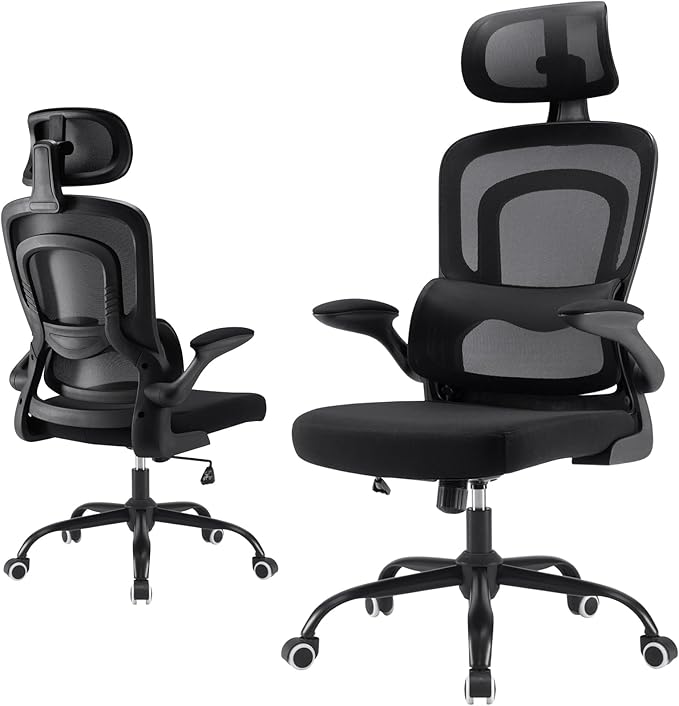 Farini Ergonomischer Stuhl Büro Computer Stuhl mit Rollen Schreibtisch für Bequemer Home Office Höhenverstellbar Chefsessel Bürostuhl mit Kopfstütze, Schwarz