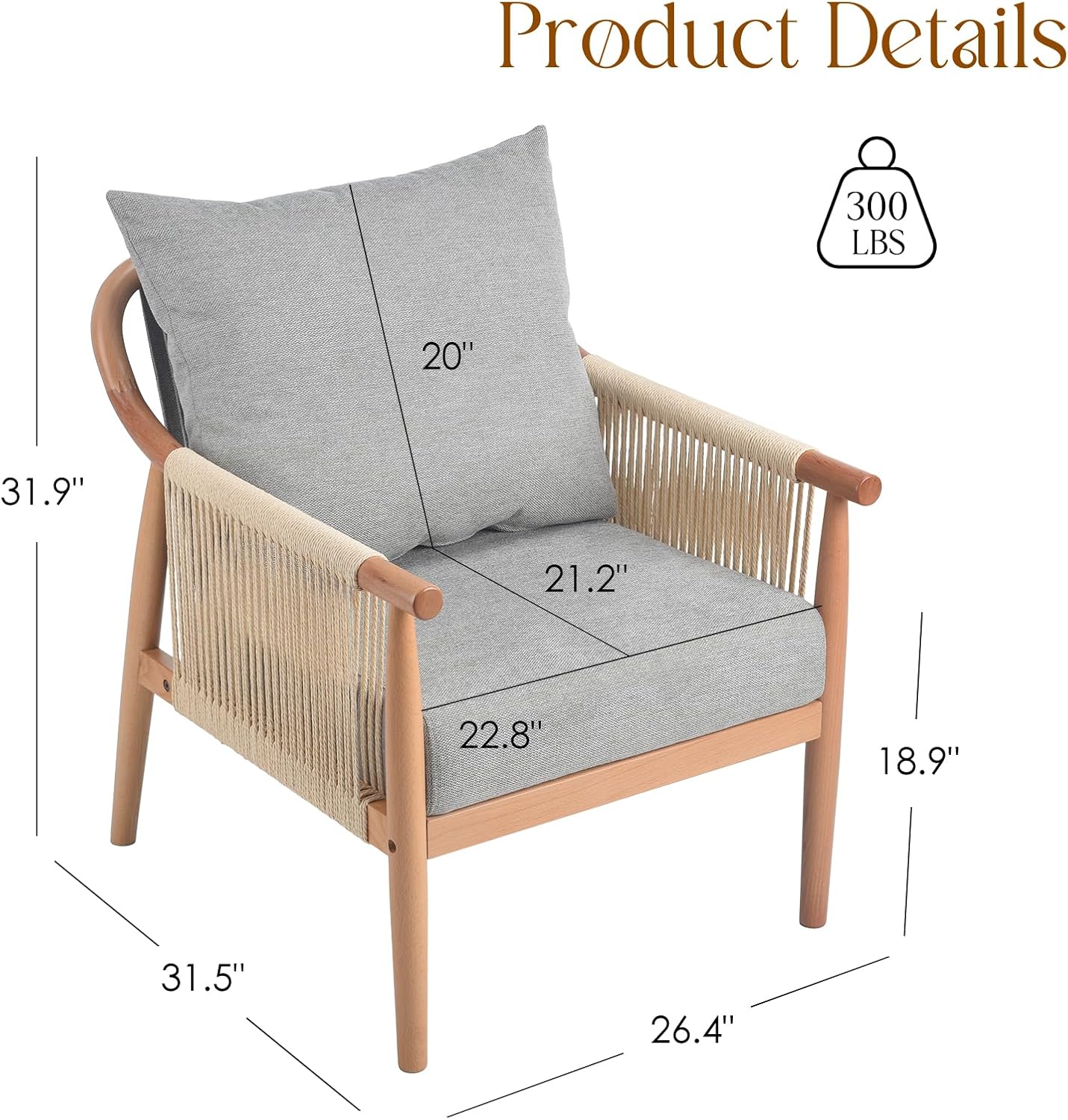 Farini Braid Armchair, Mid Century Modern Wood Accent Chair for Living Room,Reading Bedroom Chair