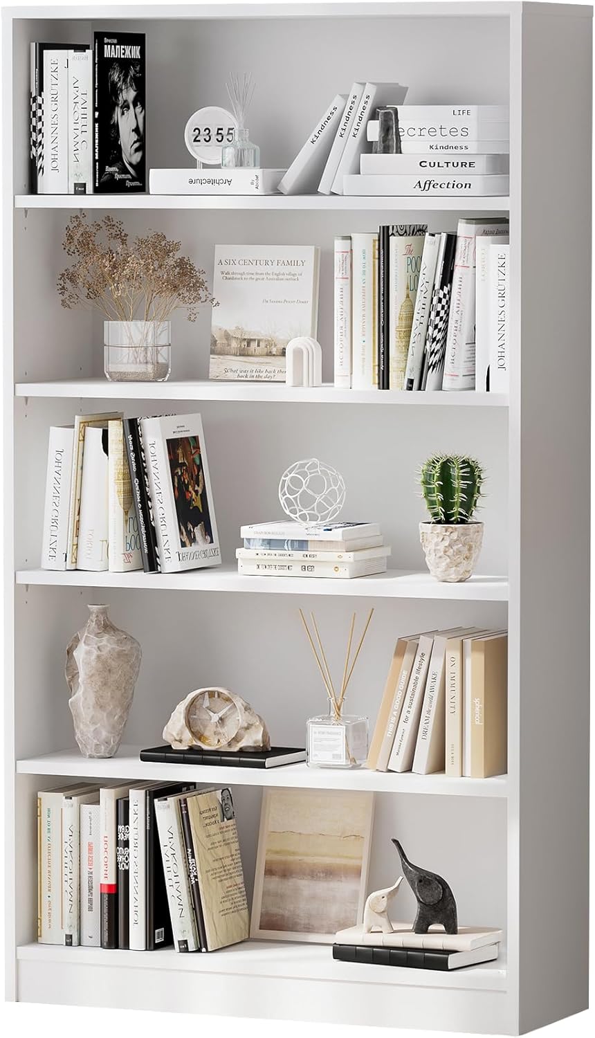 Farini White Bookcase with Adjustable Shelves, 5 Shelf Book Case, Large Tall White Bookshelf for Living Room, Bedroom, 60 in Tall, 33 in Wide, 11.6 in Deep
