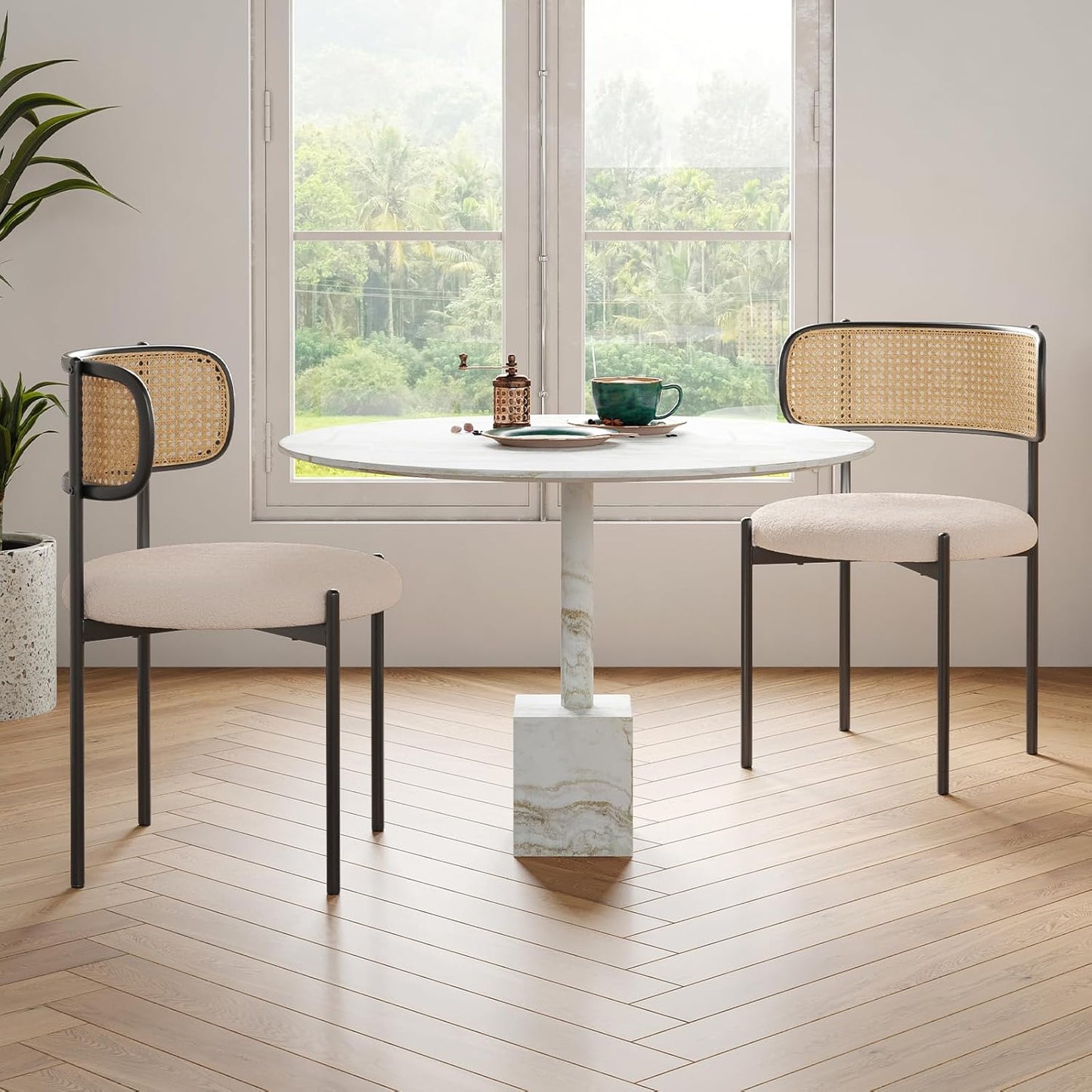 Farini Modern Upholstered Dining Chairs, Set of 4, Rattan Back Kitchen Chairs with Metal Legs, Light Brown
