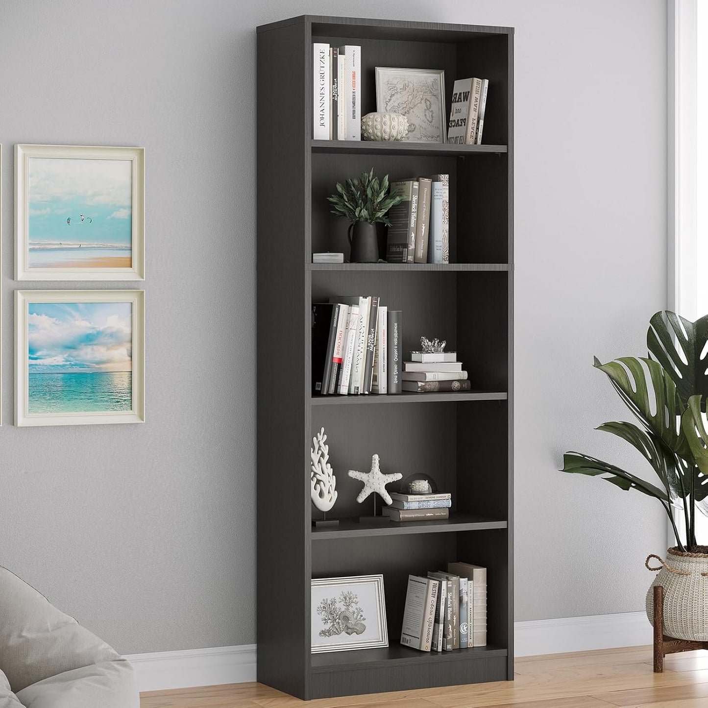 Farini Bookcase Freestanding 5 Shelf Wood Bookshelf Adjustable Shelves for Home Office,5 Layer
