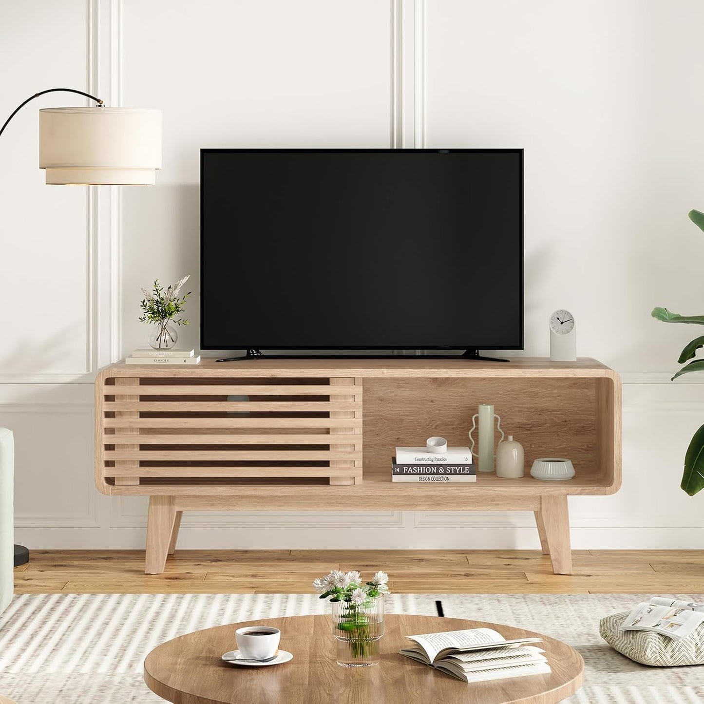 Farini TV Stand for TV Up to 59 Inch, Entertainment Center with Storage Cabinet and Sliding Door, Mid-Modern Century Console Table for Living Room, Bedroom, Nature, 46 Inch