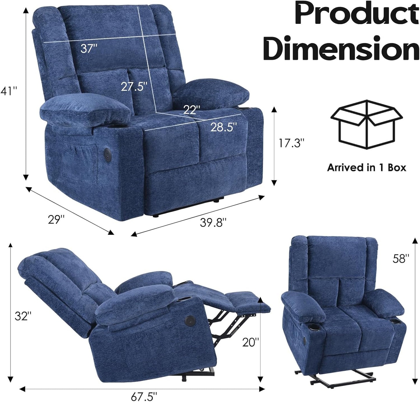 Farini Power Lift Recliner Chair with Massage and Heat for Elderly People, USB Ports and Cup Holders