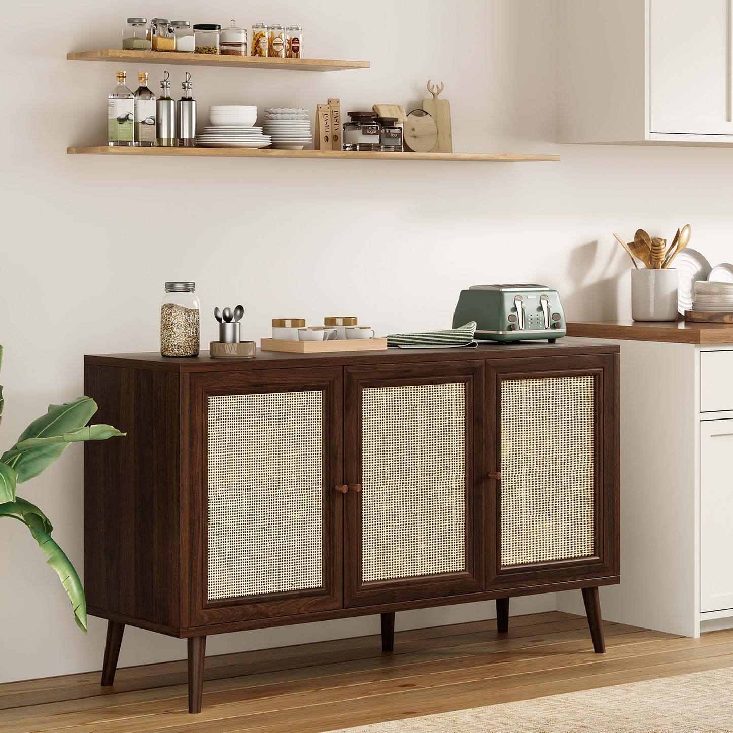 Farini Modern Sideboard Buffet, 3-Door Rattan Storage Cabinet for Kitchen, Living Room & Entryway