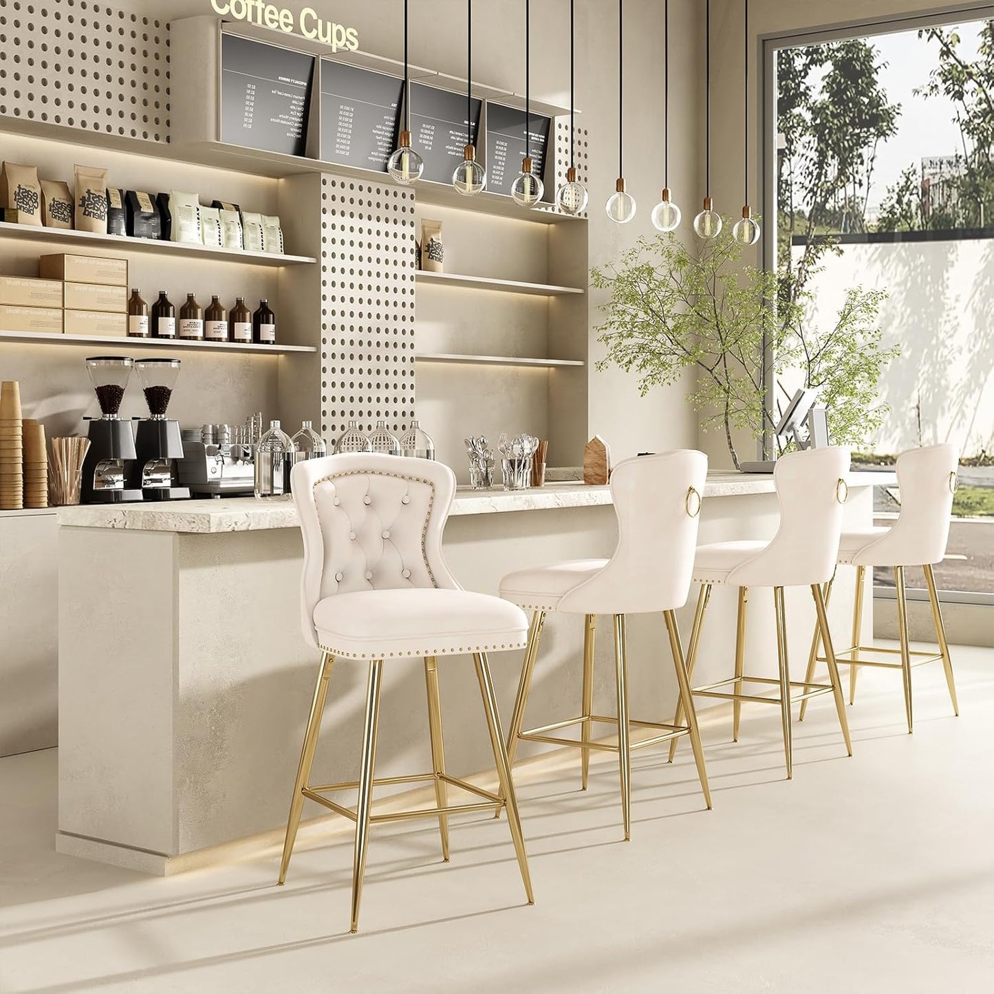 Farini Bar Stools Set of 2, Velvet Counter Height Bar Stools with Metal Legs, Button Tufted and Nailheads Trim, Wing-Back Bar Chairs for Kitchen Island Dining Room Pub