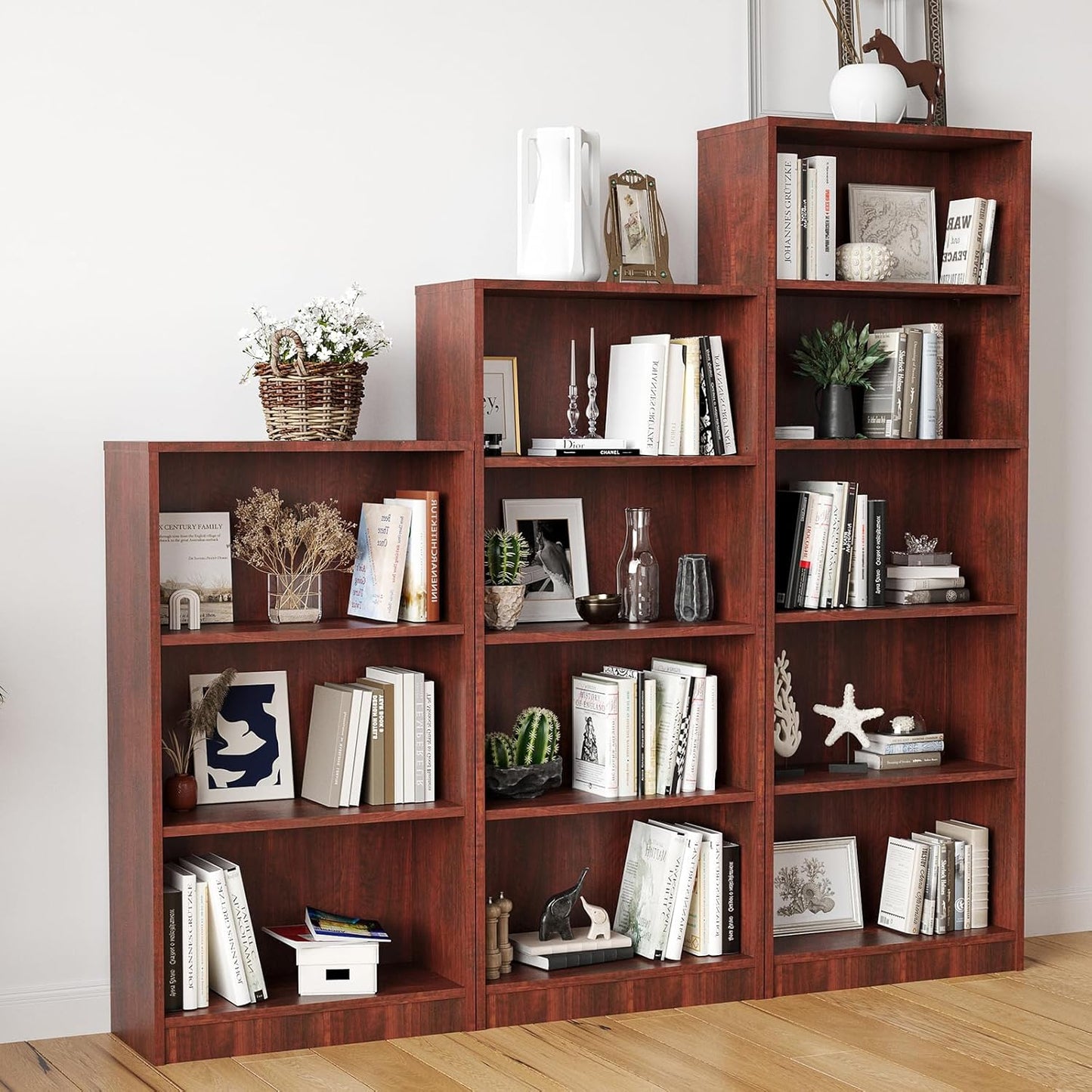 Farini Bookcase Freestanding 4 Shelf Wood Bookshelf Adjustable Shelves for Home Office,4 Layer, Cherry