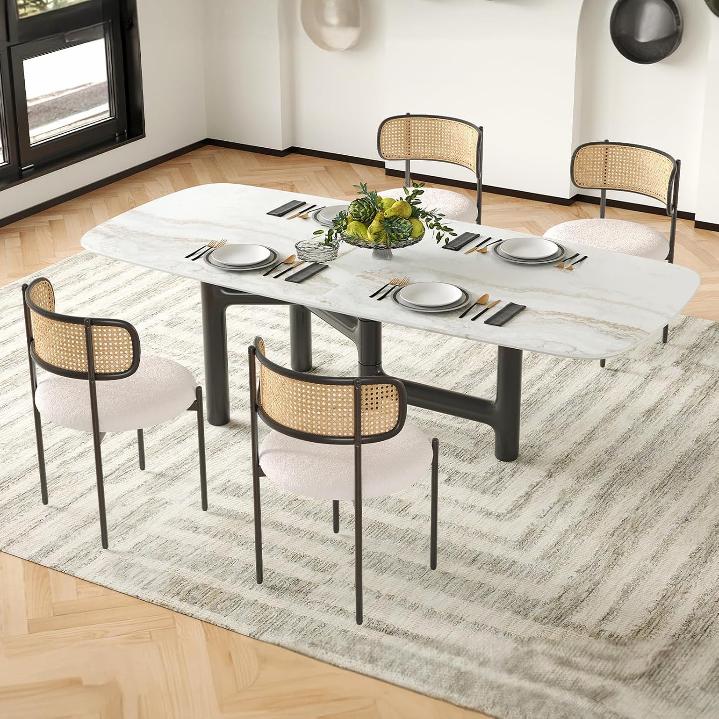 Farini Modern Upholstered Dining Chairs, Set of 4, Rattan Back Kitchen Chairs with Metal Legs, Beige
