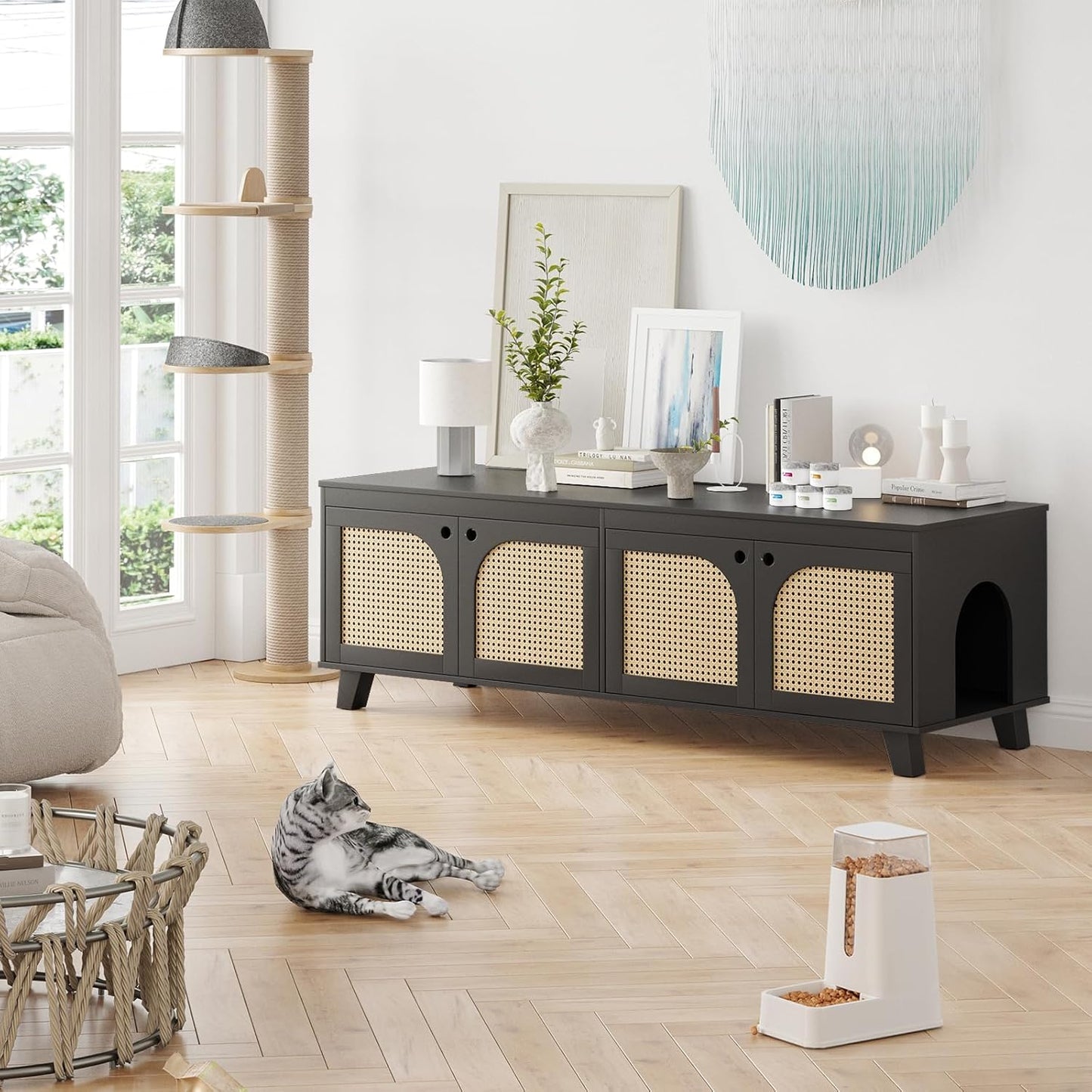 Double Hidden Cat Litter Box Enclosure Furniture Cabinet with Rattan Decorated Doors for Two Cats,Two Entrances
