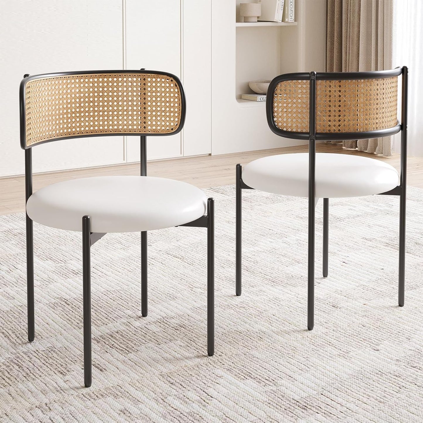 Farini Dining Chairs Set of 4, PU Leather Upholstered Seat with Woven Rattan Back, Sturdy Metal Legs Modern Side Chairs for Kitchen Living Room Restaurant