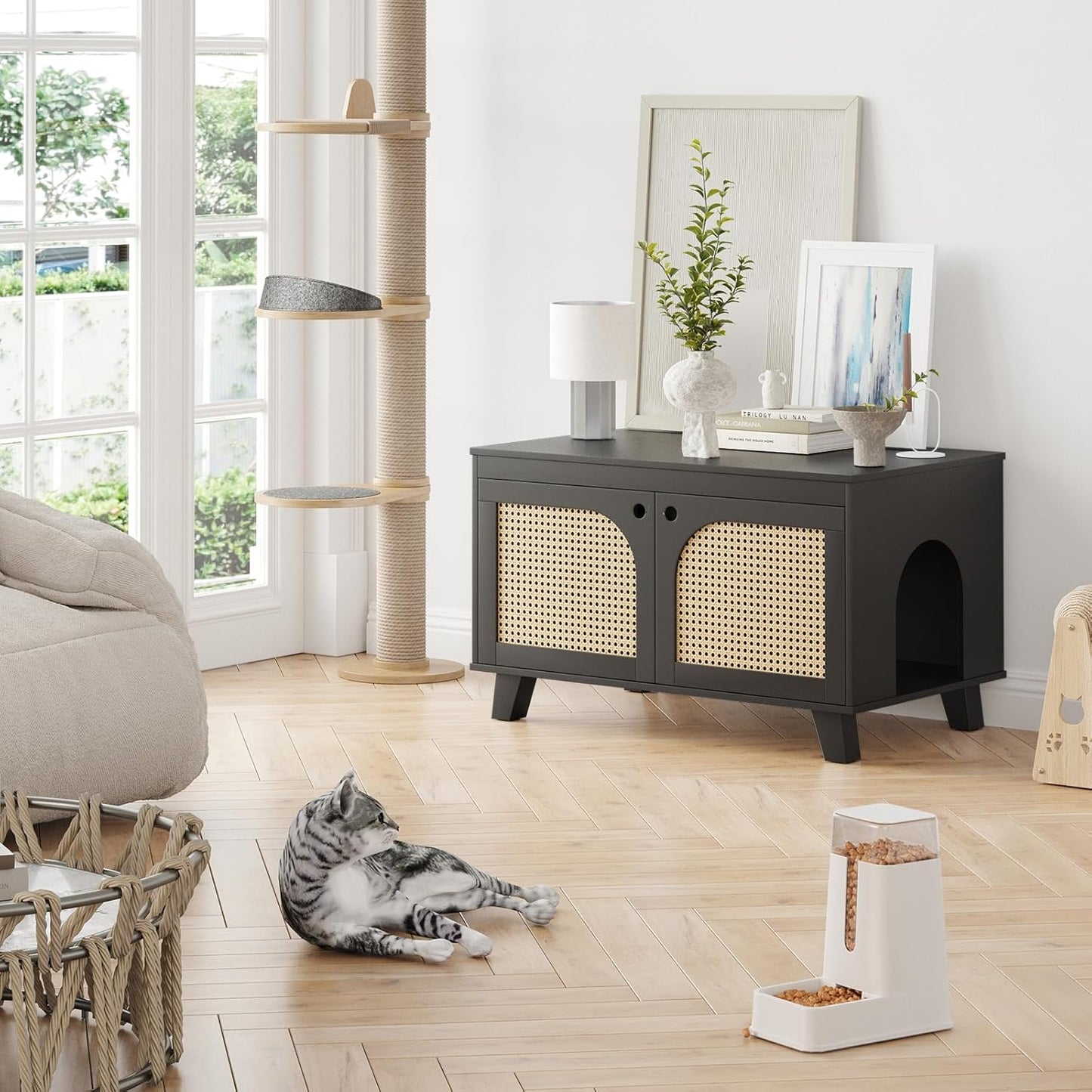 Flip Top Hidden Cat Litter Box Enclosure Furniture Cabinet with Rattan Decorated Doors for Your Home,Two Entrances