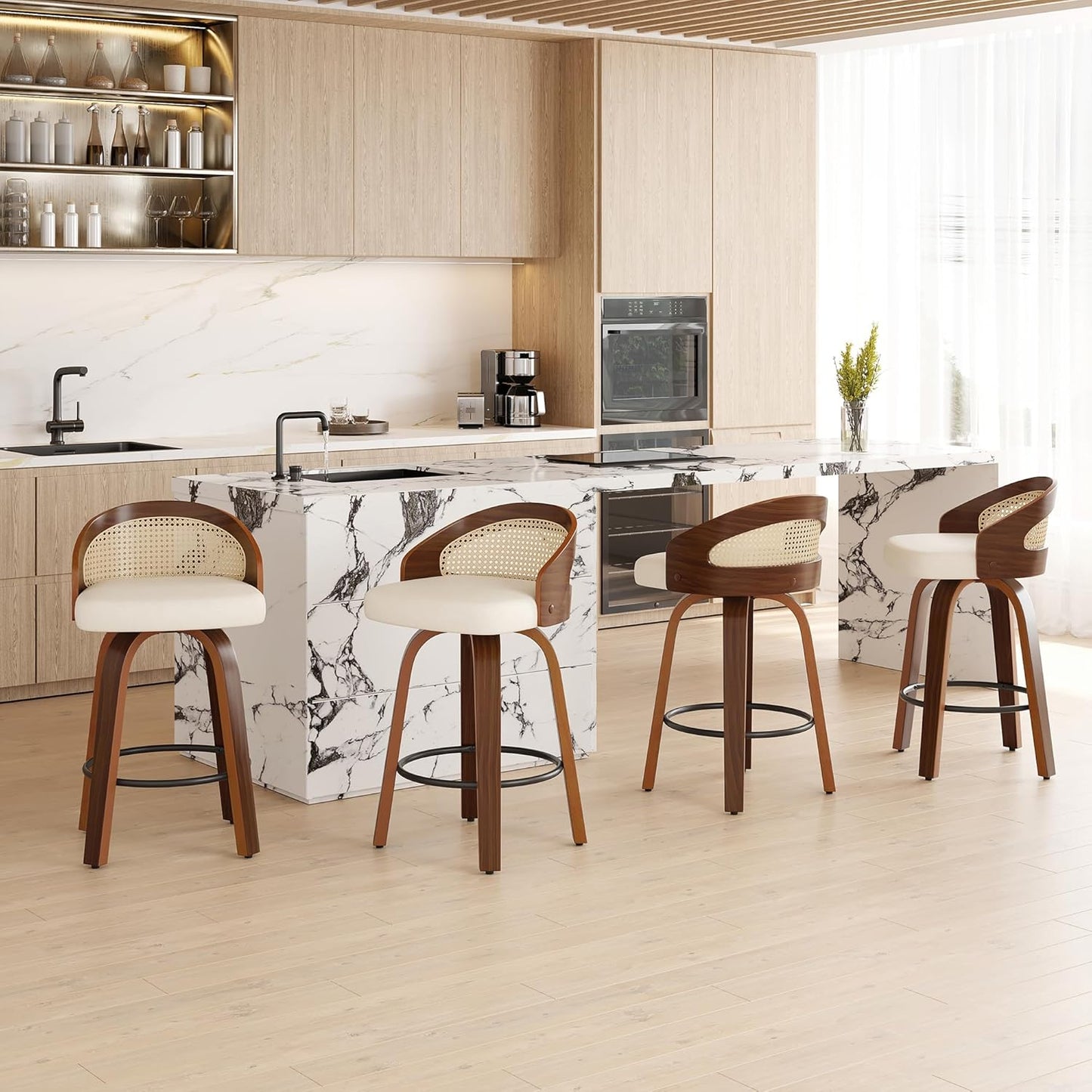 Farini Swivel Bar Stools Set of 2, Modern Wood Frame with Rattan Back, PU Leather Stool for Kitchen Counter, Mid Century Upholstered Barstools with Footrest,Industrial Counter Height Stools