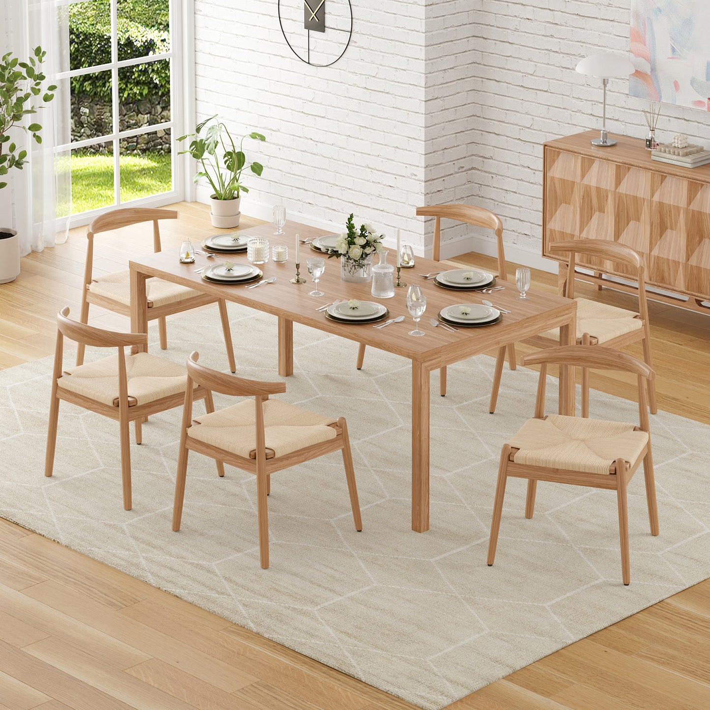Farini Mid-Century Dining Chairs Set of 4, Solid Wood Frame & Woven Leather Seats, Nature-Beige