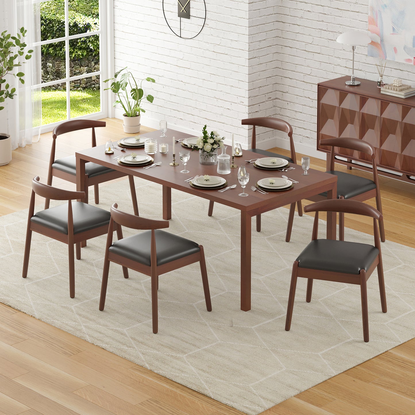Farini Mid-Century Dining Chairs Set of 4, Solid Wood Frame & PU Leather Upholstered Seats, Walnut-Black