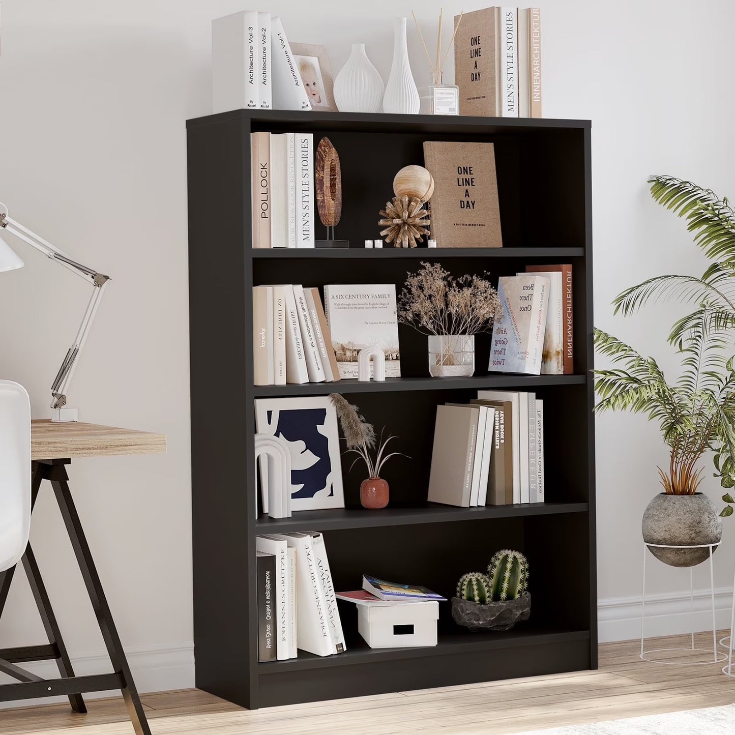 Farini 5 Tiers Bookcase, Wooden Bookcase with Adjustable Shelves for Home, Office, Black